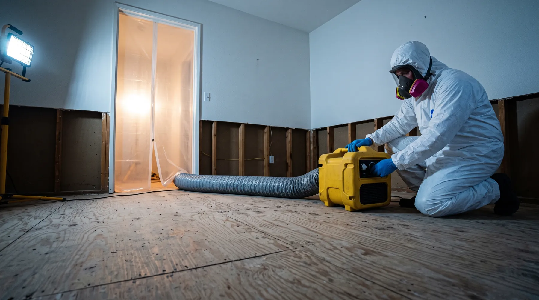 A technician in a sealed protective coverall and respirator adjusting a HEPA negative-air machine on bare subfloor, with a sealed and lit containment doorway behind.