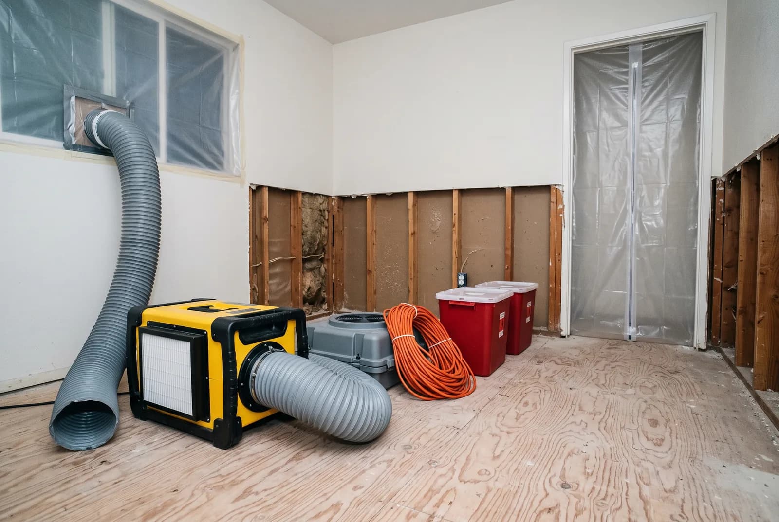 A stripped bedroom mid-remediation: a yellow negative-air machine with ducting to a sealed window, drywall cut away above the floor exposing studs, red regulated-waste containers, and bare plywood subfloor.